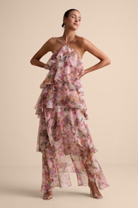 Melody Pink Multi Floral Tiered Halter Maxi Dress 2