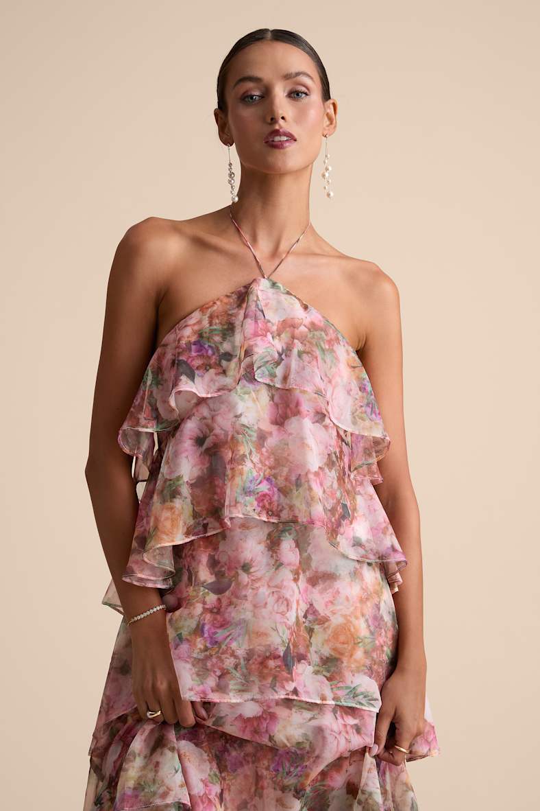 Melody Pink Multi Floral Tiered Halter Maxi Dress