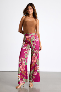 Thriving Vibes Burgundy Floral Print Satin Wide-Leg Pants 1