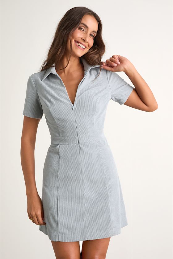 Go-Getter Light Blue Corduroy Mini Dress With Pockets 1