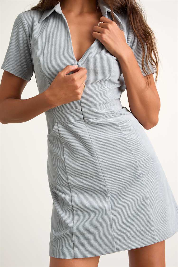Go-Getter Light Blue Corduroy Mini Dress With Pockets