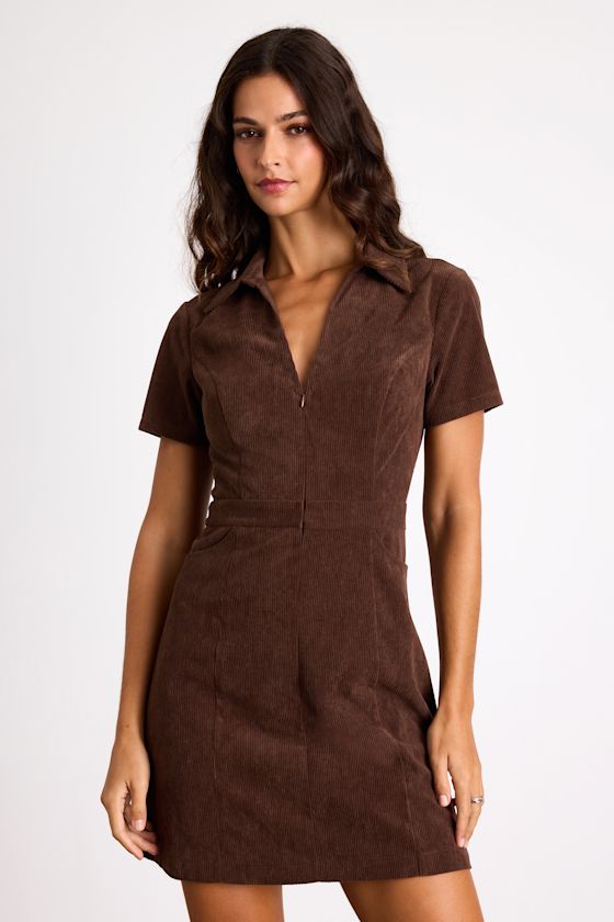 Image of Go-Getter Girl Brown Corduroy Mini Dress With Pockets
