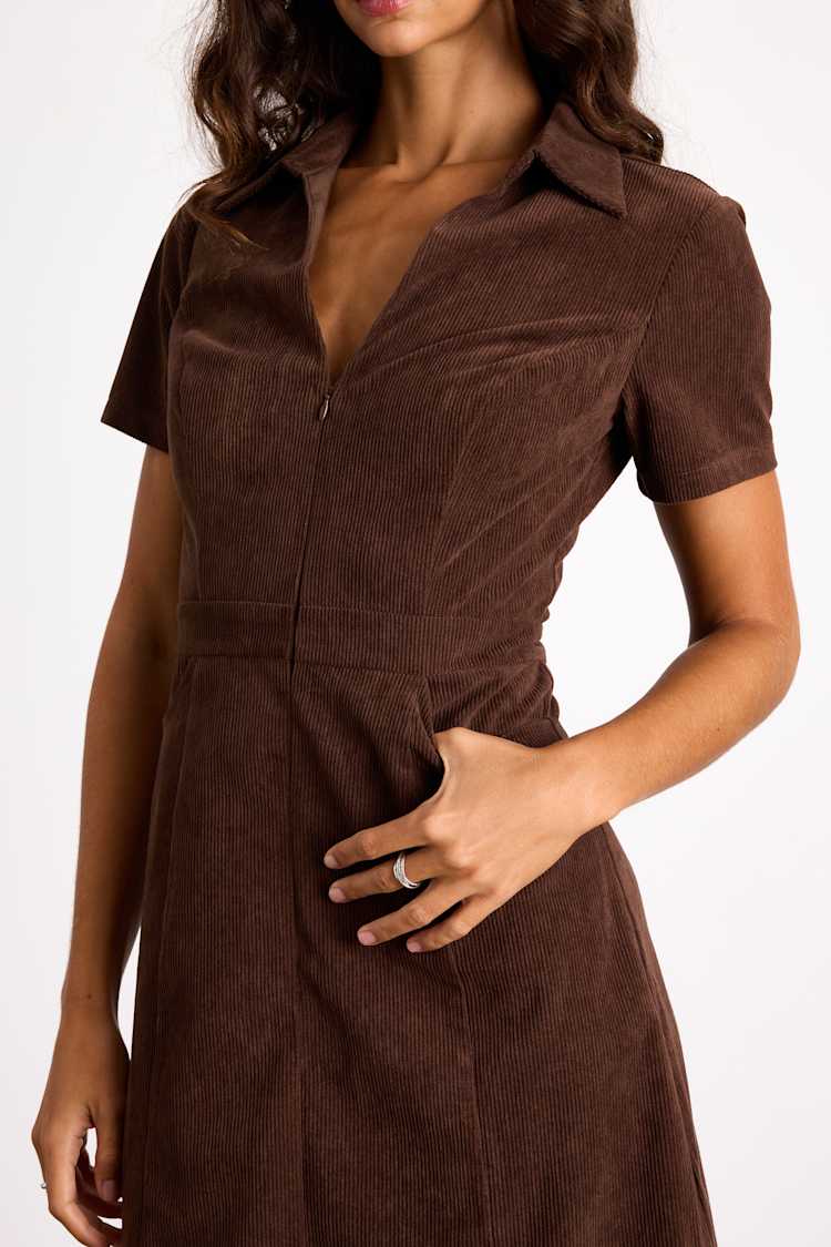 Go-Getter Girl Brown Corduroy Mini Dress With Pockets