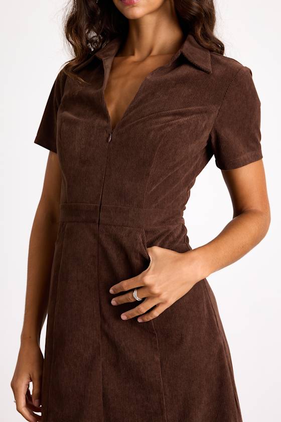 Go-Getter Girl Brown Corduroy Mini Dress With Pockets 2