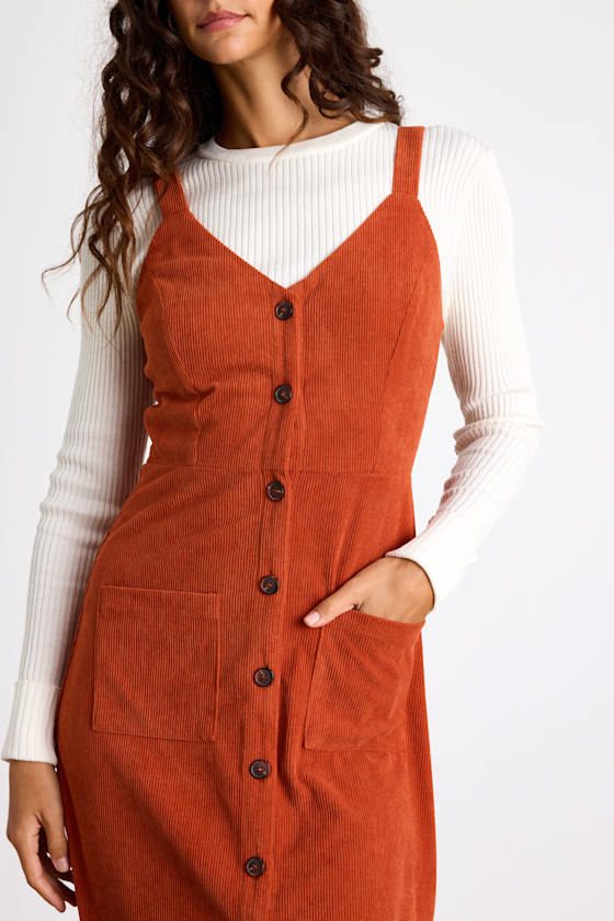Certainly the Sweetest Orange Corduroy Button-Front Midi Dress 3