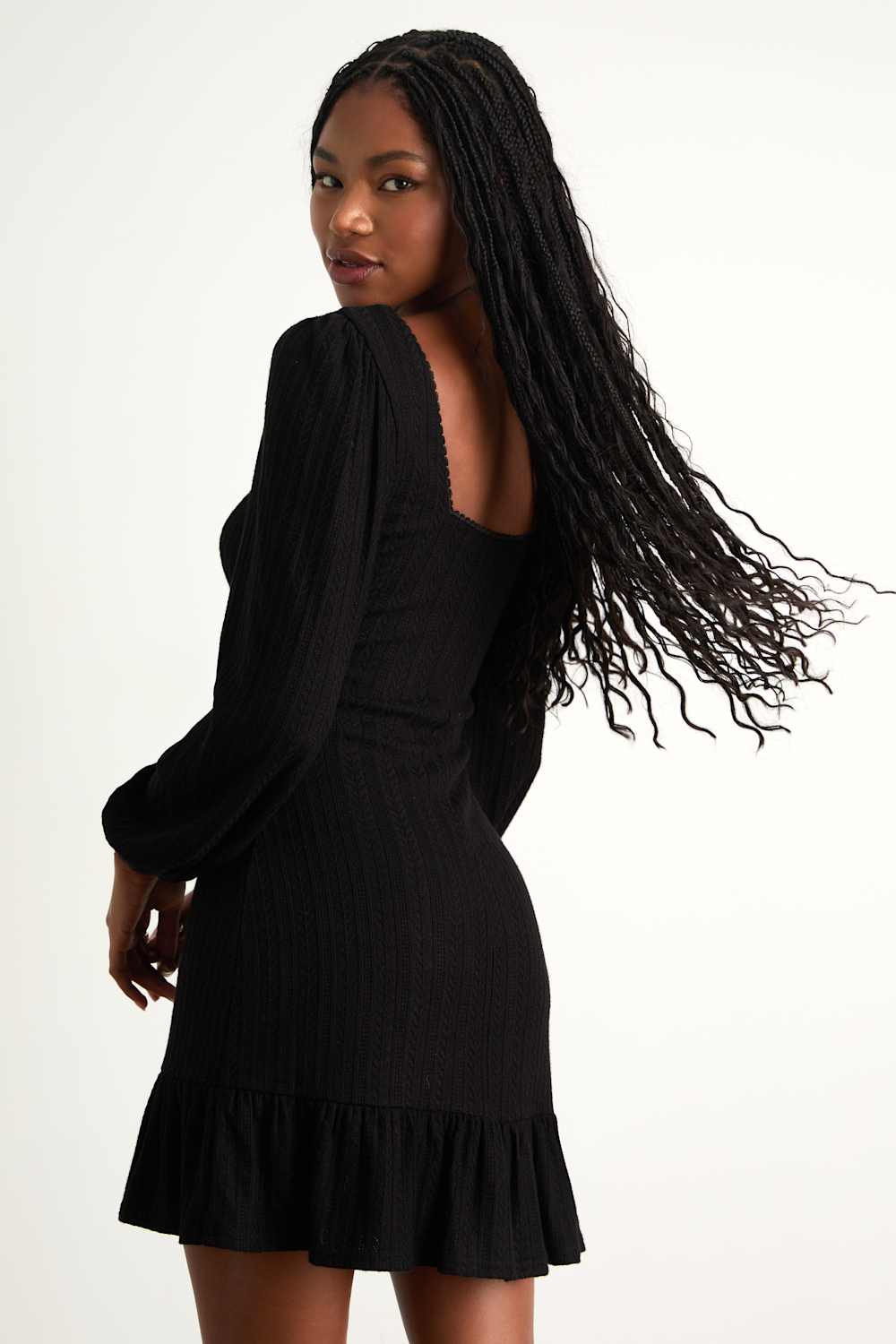 Coveted Sweetness Black Pointelle Knit Long Sleeve Mini Dress