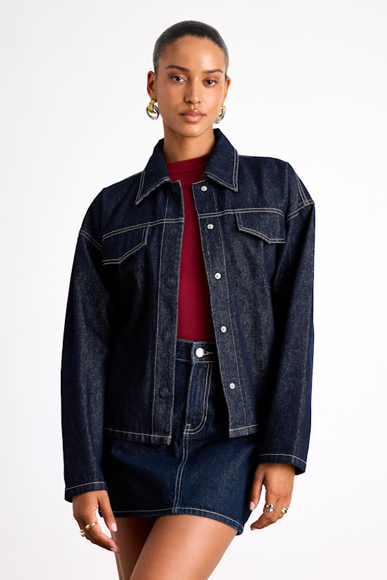 Dark Wash Denim Jacket - Belted Denim Jacket - Collared Jacket - Lulus
