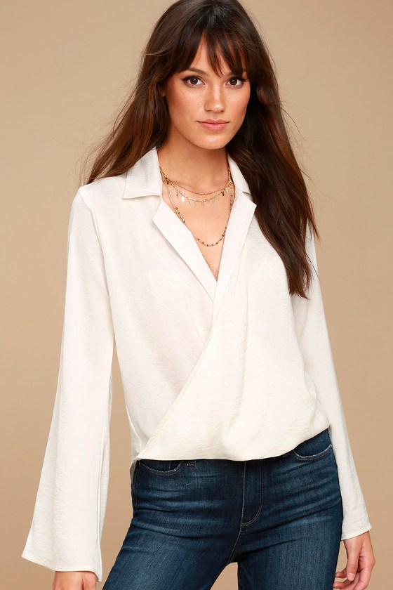 Down to Business Ivory Long Sleeve Wrap Top