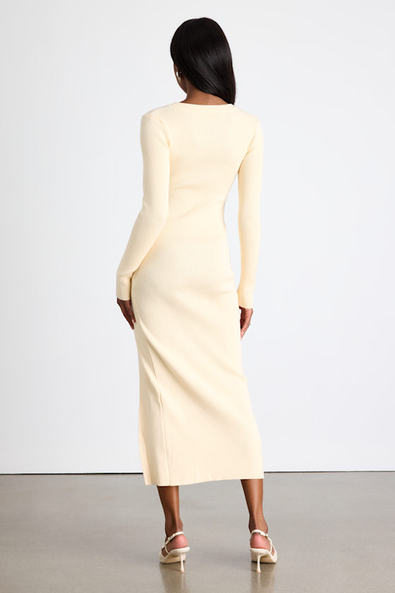 Cream Midi Sweater Dress - Long Sleeve Dress - Side Button Dress - Image 3