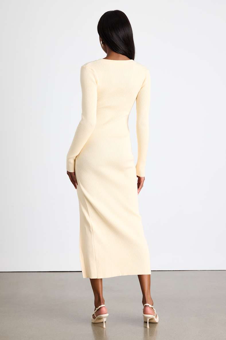 Refined Attitude Cream Ribbed Side Button Midi Sweater Dress