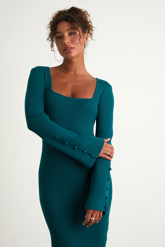 Classy Attitude Emerald Ribbed Square Neck Midi Sweater Dress 1
