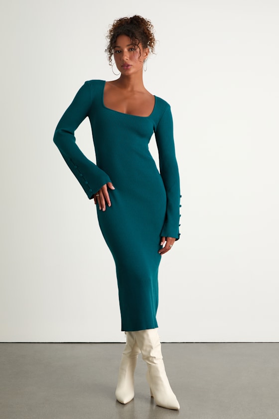 Classy Attitude Emerald Ribbed Square Neck Midi Sweater Dress 2