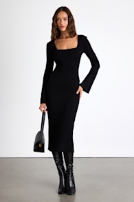 Classy Attitude Black Ribbed Square Neck Midi Sweater Dress 1