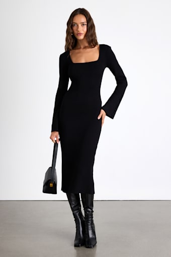 Classy Attitude Black Ribbed Square Neck Midi Sweater Dress 1