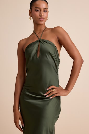 Gracie Olive Green Satin Halter Neck Maxi Dress 1