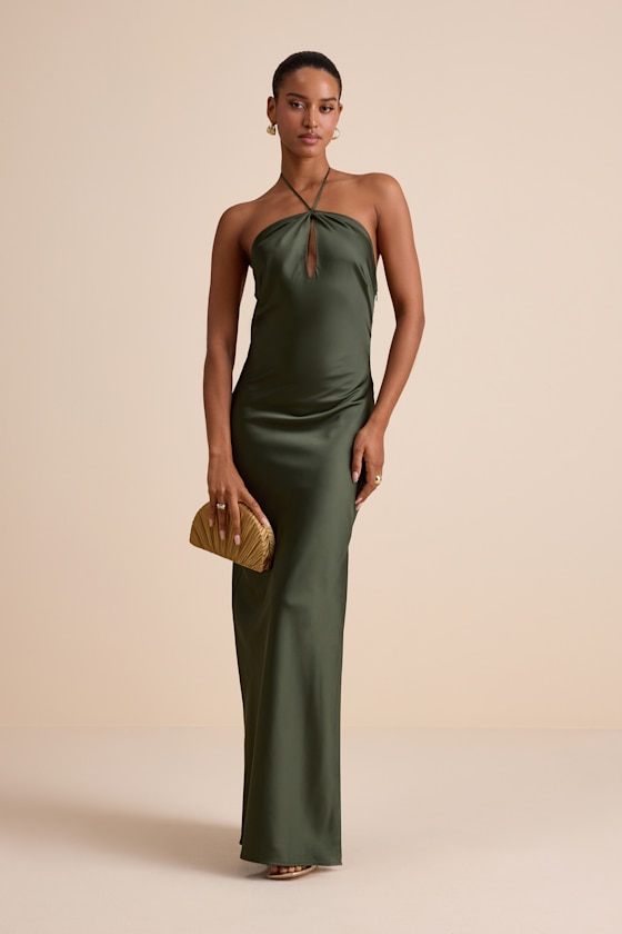 Gracie Olive Green Satin Halter Neck Maxi Dress 2