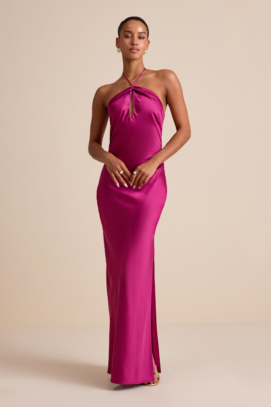 Gracie Magenta Satin Halter Neck Maxi Dress 1