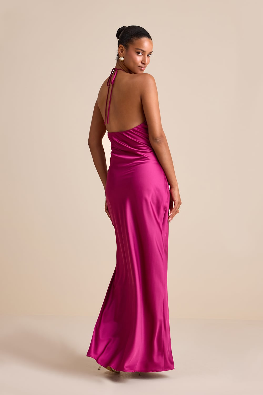 Gracie Magenta Satin Halter Neck Maxi Dress