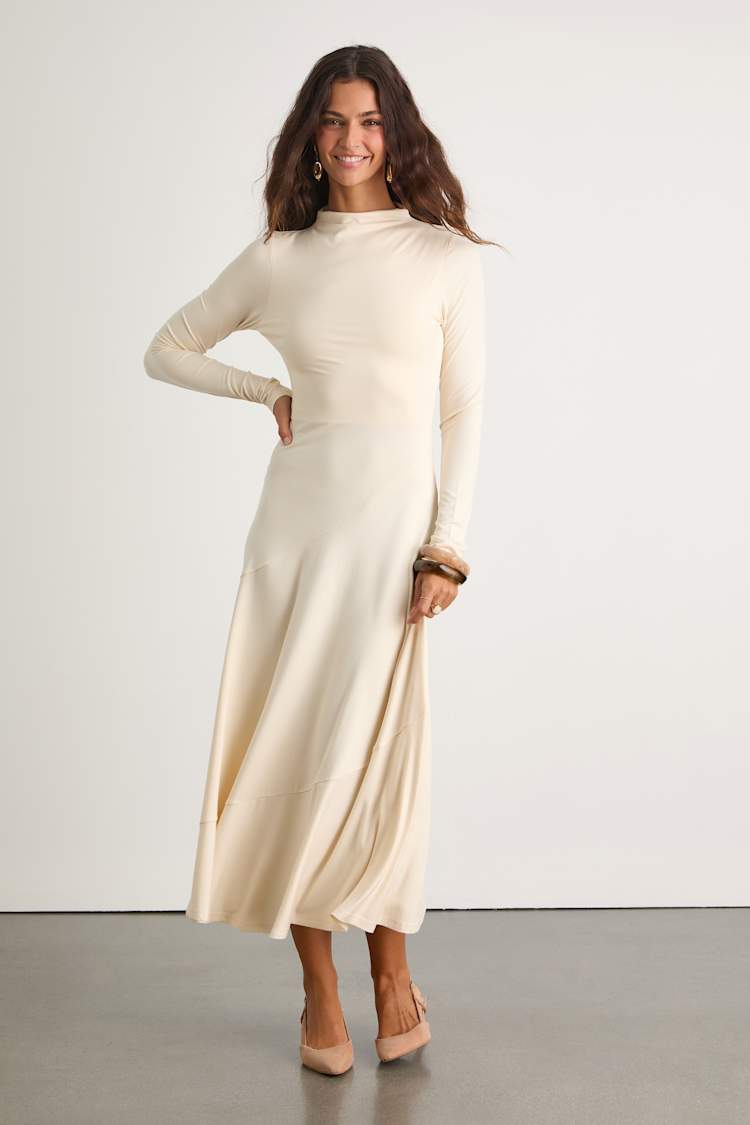 Corinne Cream Jersey Knit Mock Neck Midi Dress