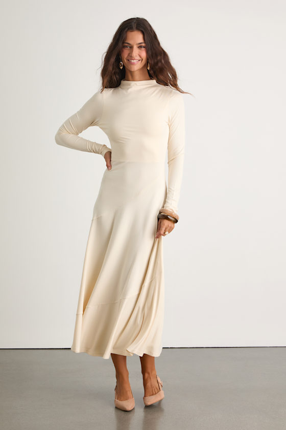 Corinne Cream Jersey Knit Mock Neck Midi Dress 1