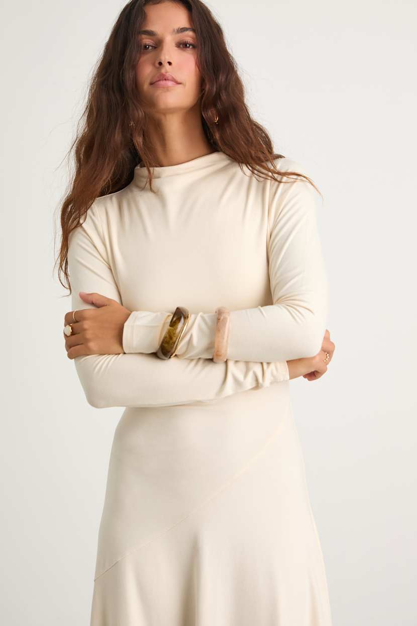 Corinne Cream Jersey Knit Mock Neck Midi Dress