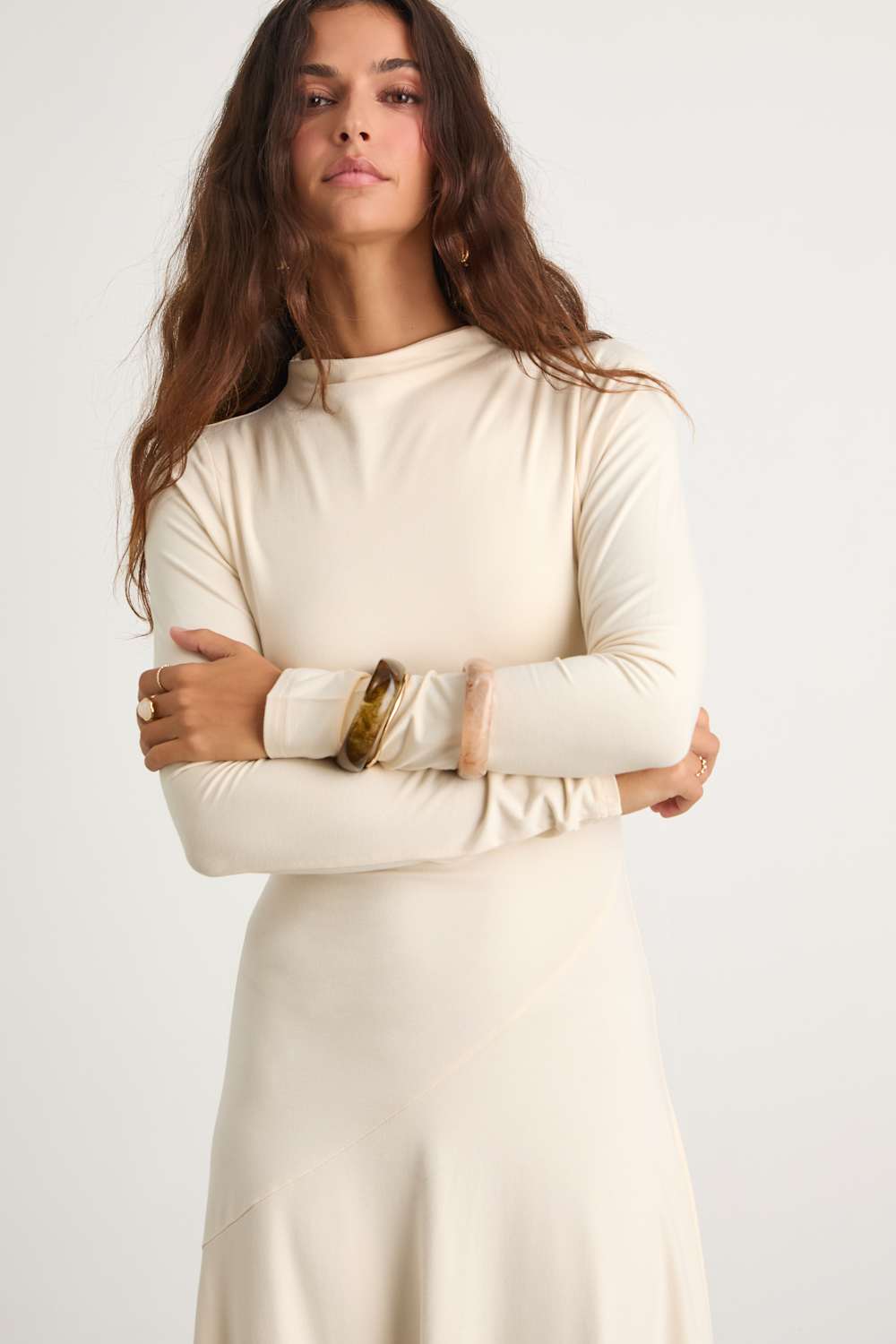 Corinne Cream Jersey Knit Mock Neck Midi Dress