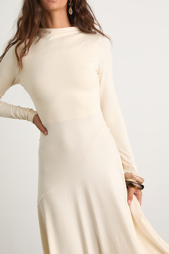 Image of Corinne Cream Jersey Knit Mock Neck Midi Dress