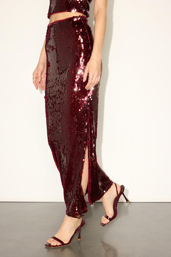 Wren Burgundy Sequin Column Maxi Skirt 2