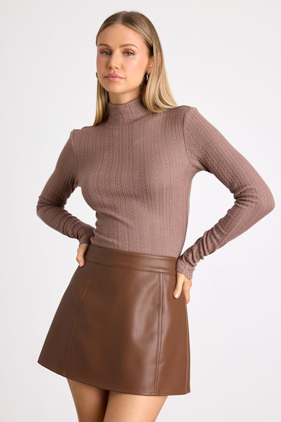 Mikana Brown Vegan Leather A-Line Mini Skirt 1