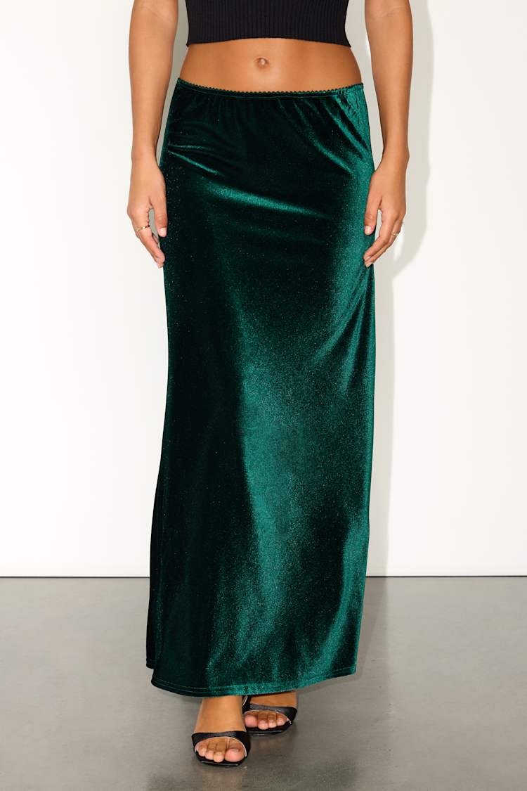 Aviona Emerald Velvet Mid-Rise Maxi Skirt