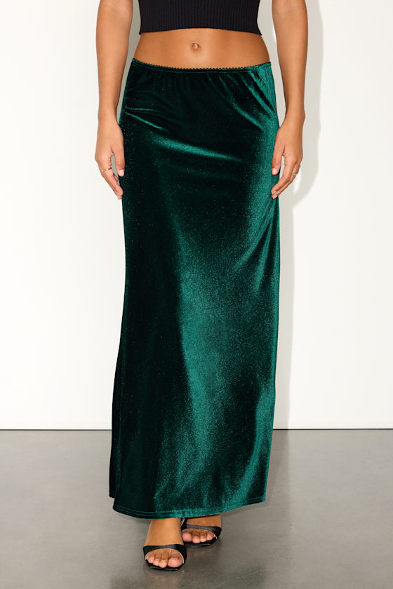 Aviona Emerald Velvet Mid-Rise Maxi Skirt 2