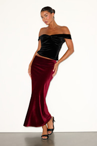 Aviona Burgundy Velvet Mid-Rise Maxi Skirt 1