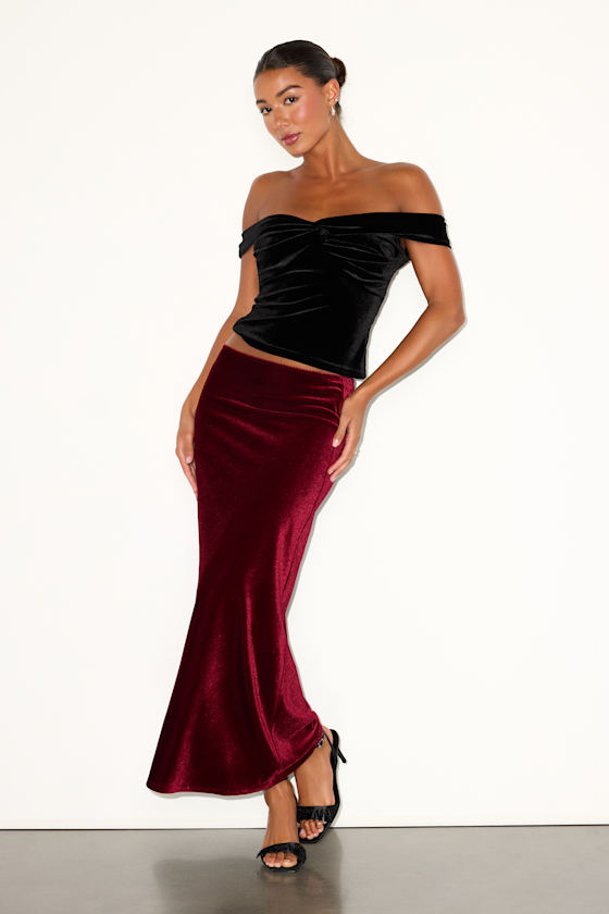 Aviona Burgundy Velvet Mid-Rise Maxi Skirt 1