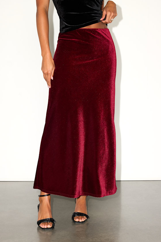 Aviona Burgundy Velvet Mid-Rise Maxi Skirt 2