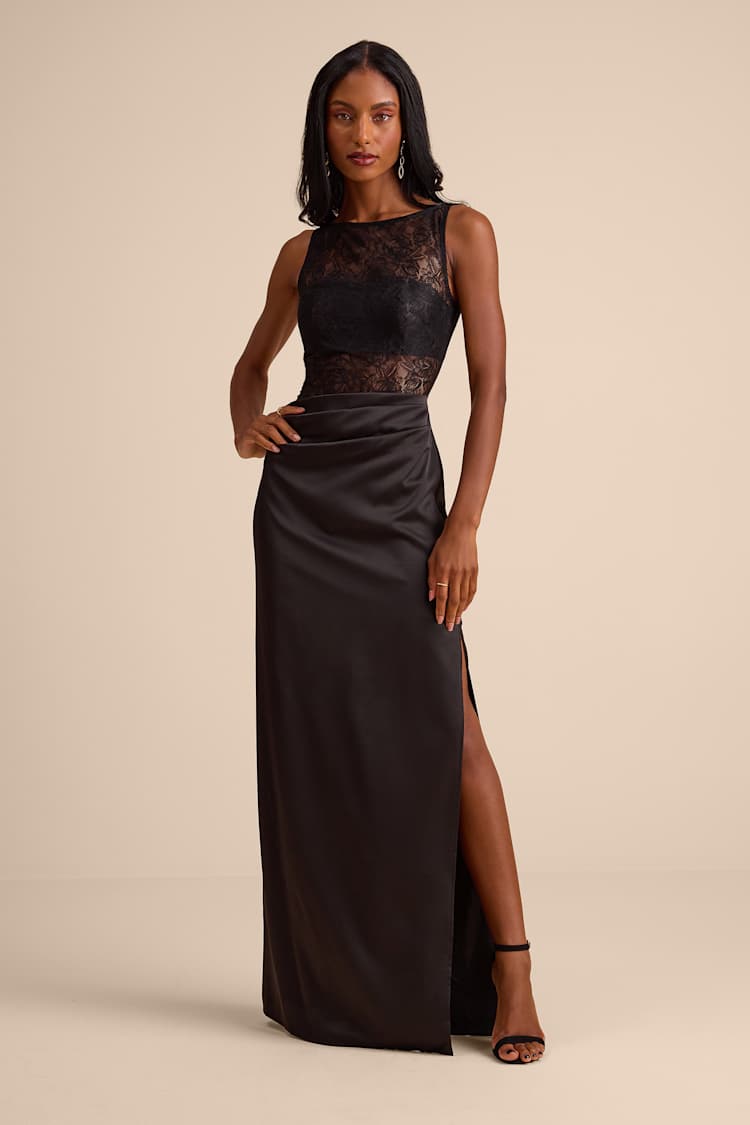 Black Sheer Lace Dress - Mixed-Media Dress - Column Maxi Dress - Lulus