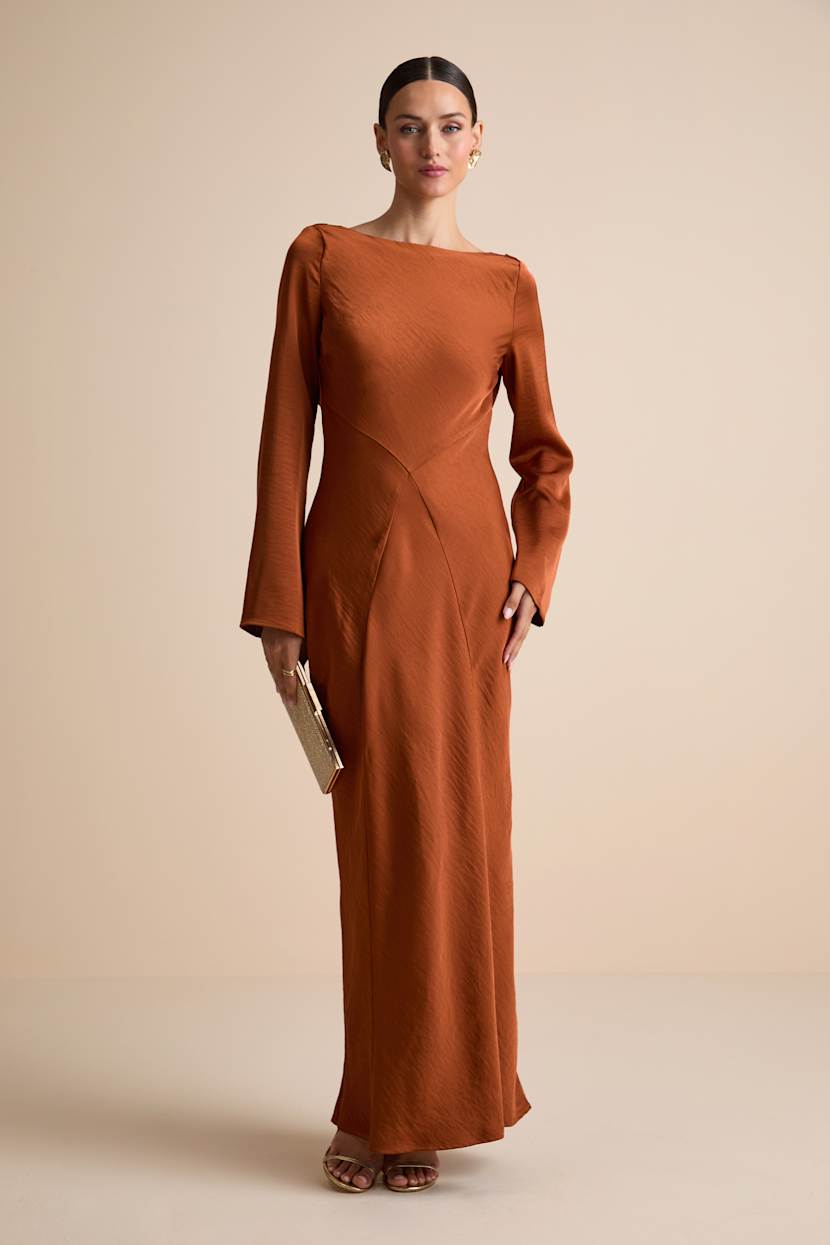 Kae Rust Orange Satin Cowl Back Maxi Dress