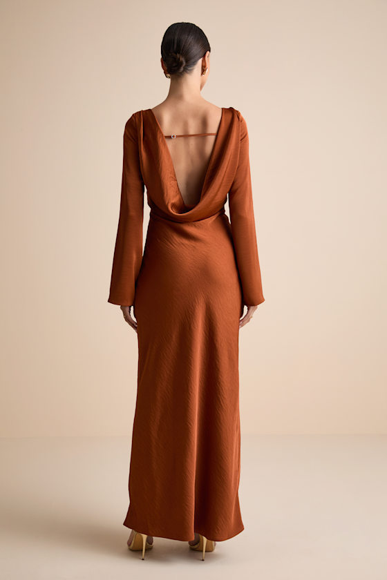 Kae Rust Orange Satin Cowl Back Maxi Dress 3