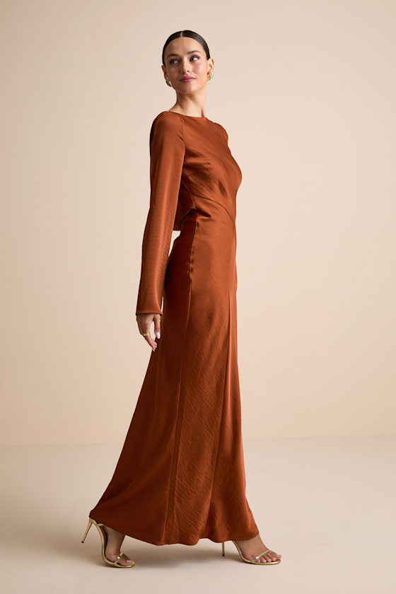 Kae Rust Orange Satin Cowl Back Maxi Dress 4