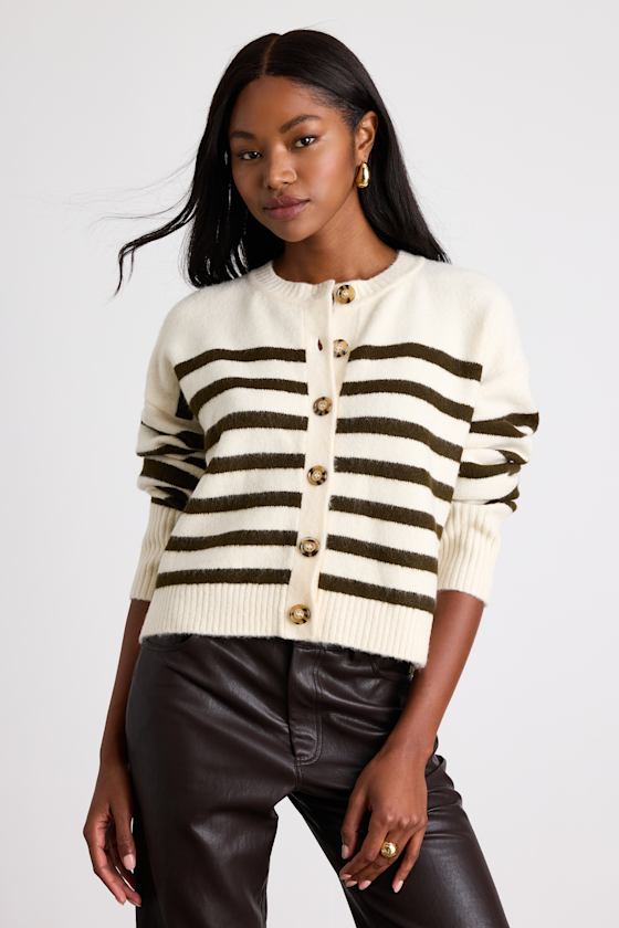 Hazelynn Ivory and Olive Striped Cardigan Sweater 2