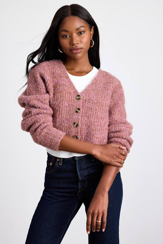 Evoletta Pink Marled Cropped Cardigan Sweater 1