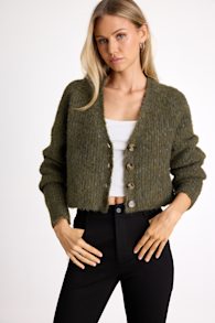 Evoletta Olive Green Marled Cropped Cardigan Sweater 5