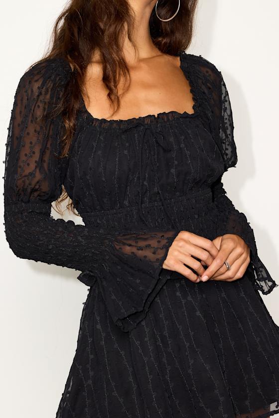Black Top - Textured Swiss Dot Top - Long Sleeve Smocked Top - Lulus