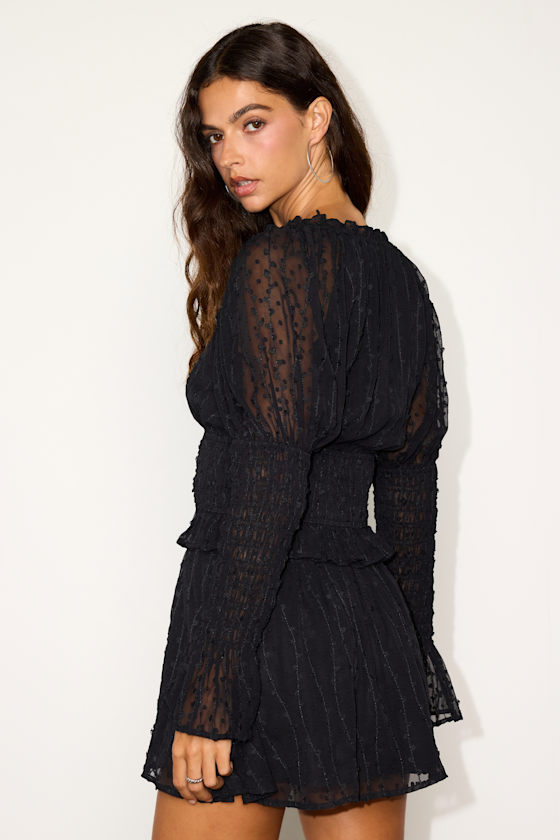Black Top - Textured Swiss Dot Top - Long Sleeve Smocked Top - Lulus
