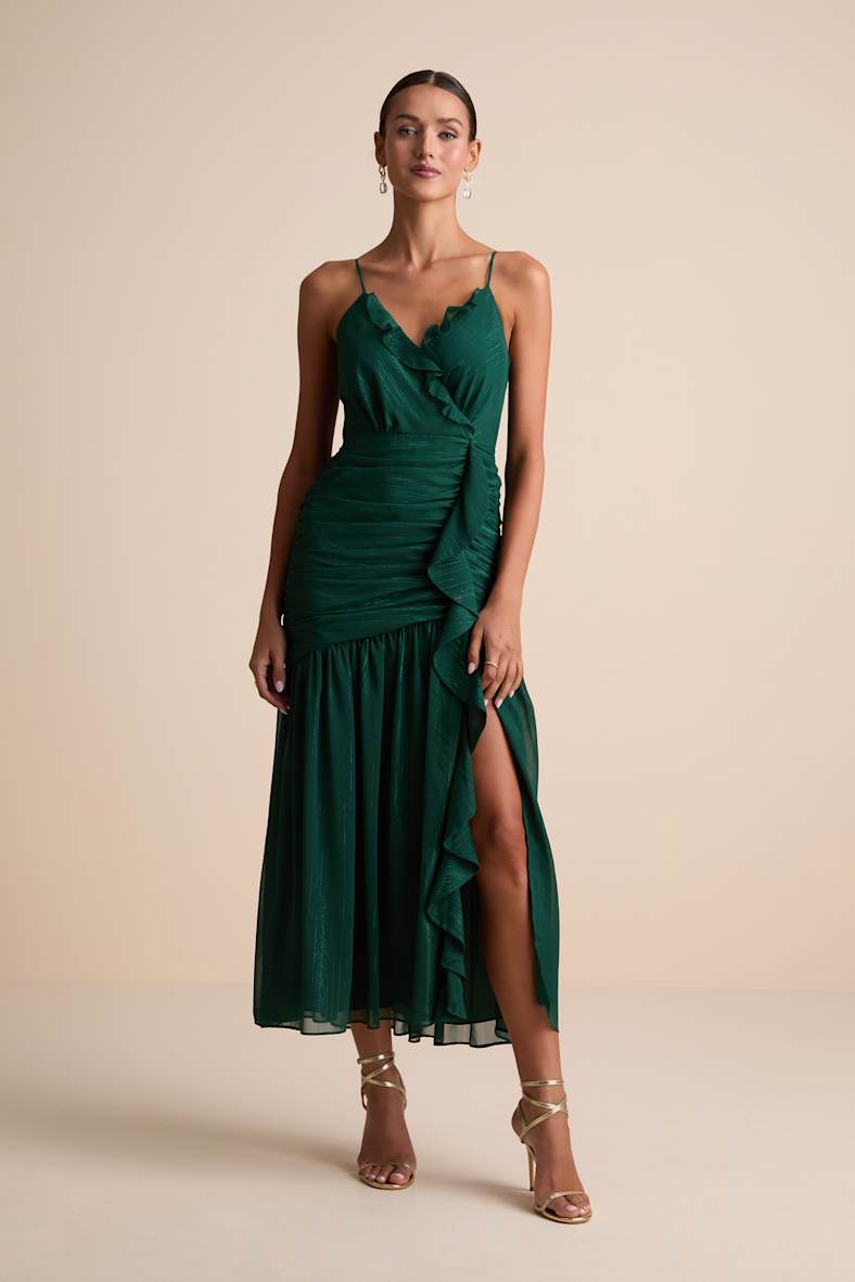 Stunning Soiree Emerald Lurex Ruched Midi Dress