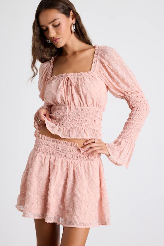 Blush Pink Skirt - Mid-Rise Skirt - Swiss Dot Smocked Mini Skirt - Image 3