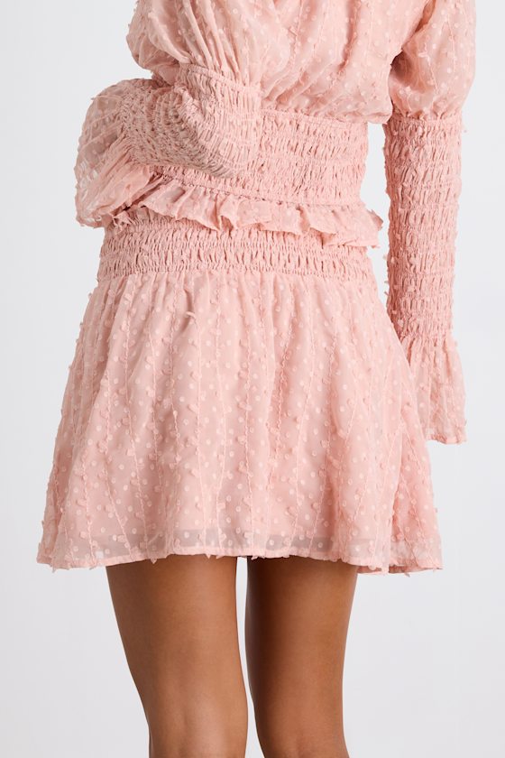 Blush Pink Skirt - Mid-Rise Skirt - Swiss Dot Smocked Mini Skirt - Image 2