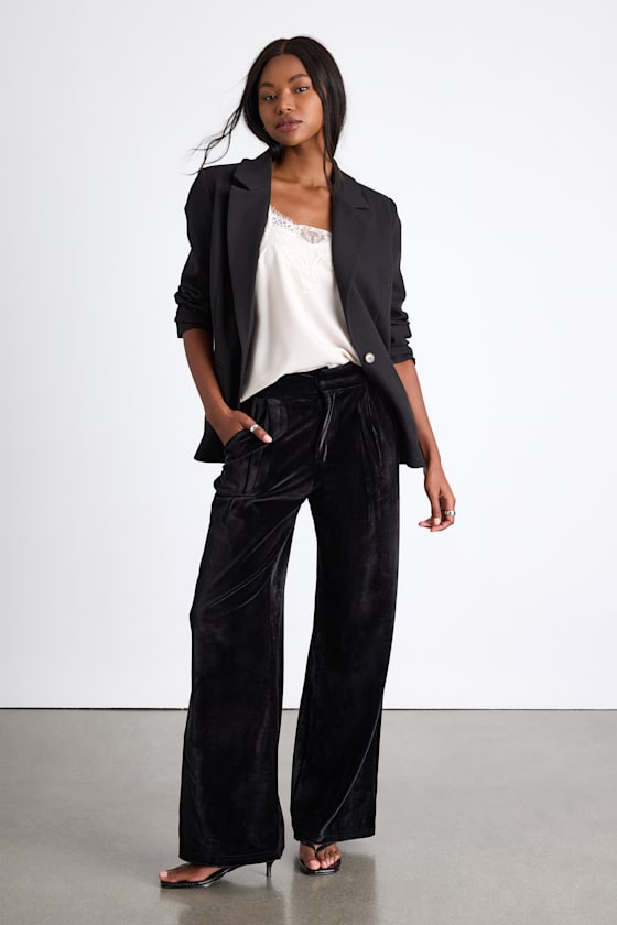 Haira Black Velvet Wide-Leg Mid-Rise Trouser Pants 1