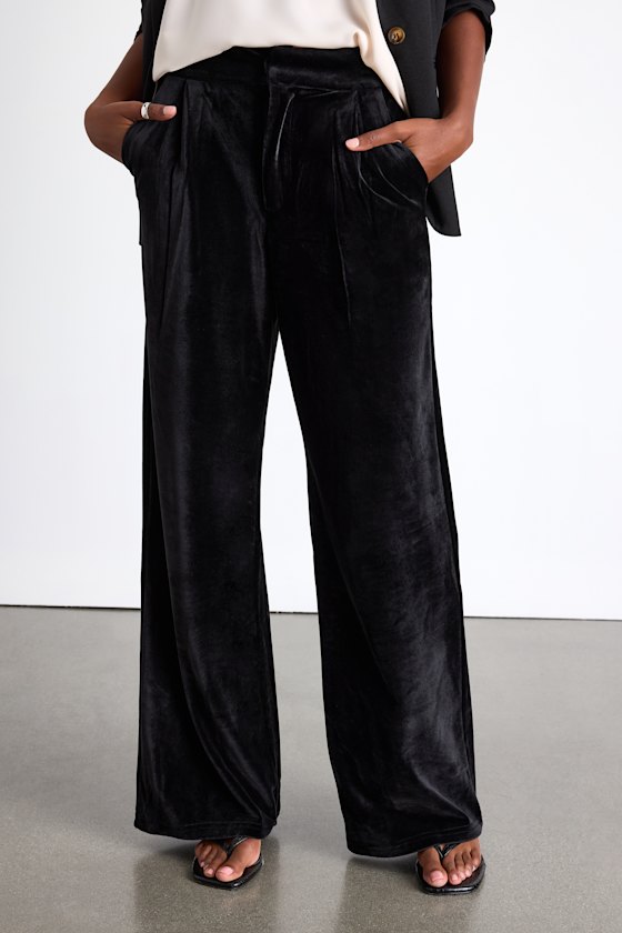 Haira Black Velvet Wide-Leg Mid-Rise Trouser Pants 2