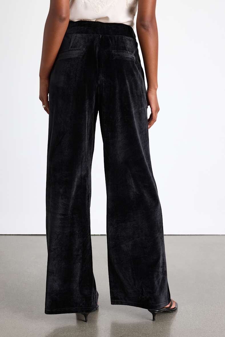Haira Black Velvet Wide-Leg Mid-Rise Trouser Pants