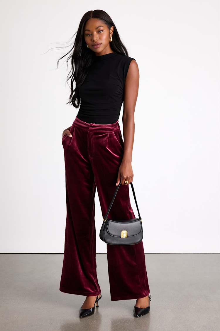 burgundy velvet dress pants - Mid-Rise Wide-Leg Pants - Trouser Pants bf21:W-Sneakers Lioness Soho Mini Dress Framing Options:Other (Please Specify) Hips 55 In Case